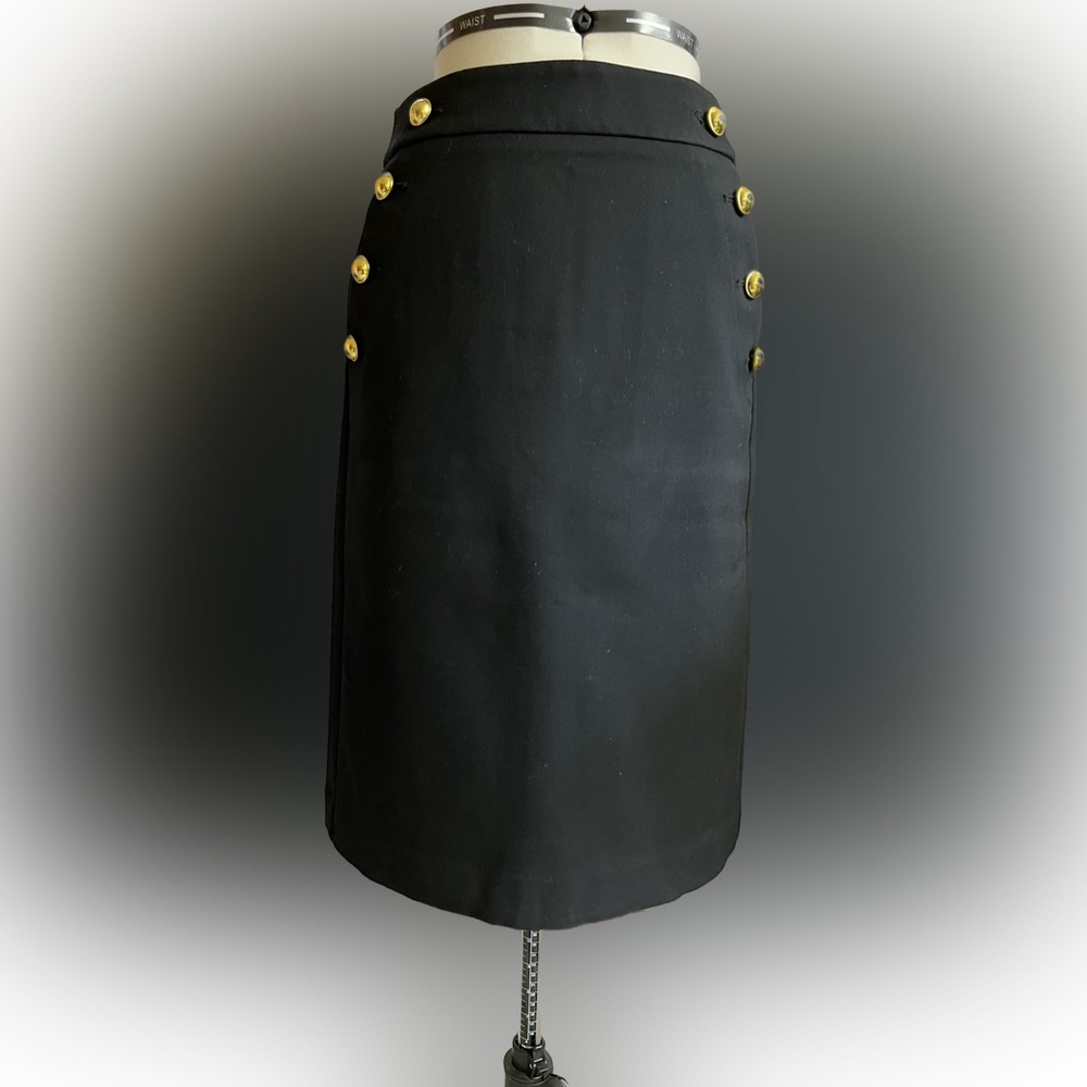 LOFT gorgeous black, lined pencil skirt with brass side buttons, size 4.